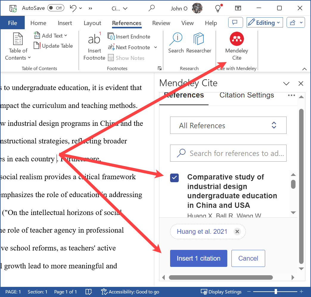 Select reference from the Mendeley library to be cited in the text in APA 7 format
