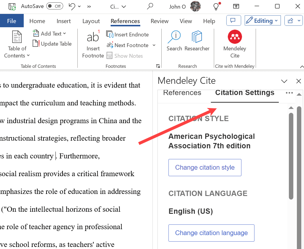Select APA 7 as the citation style