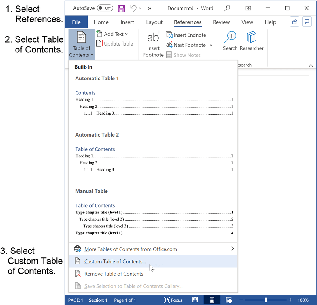 Select Table of Contents submenu in Microsoft Word