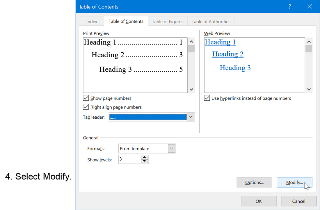 Select modify Table of Contents dialog box in Microsoft Word
