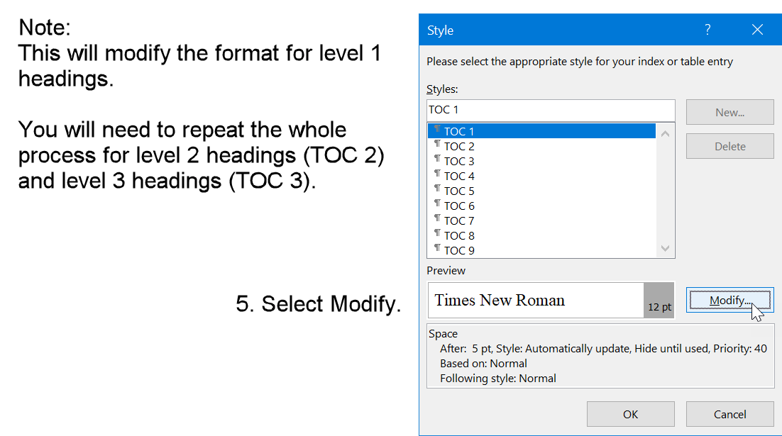 Select Modify for Level 1 Heading style