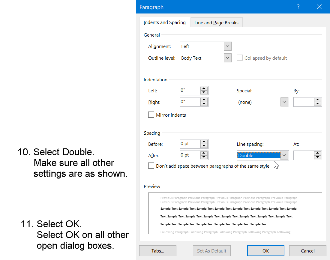 Select Double Line Spacing for Level 1 headings in APA format