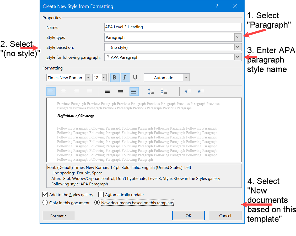 Add detail to the APA Level 3 Heading style and make style available for new documents