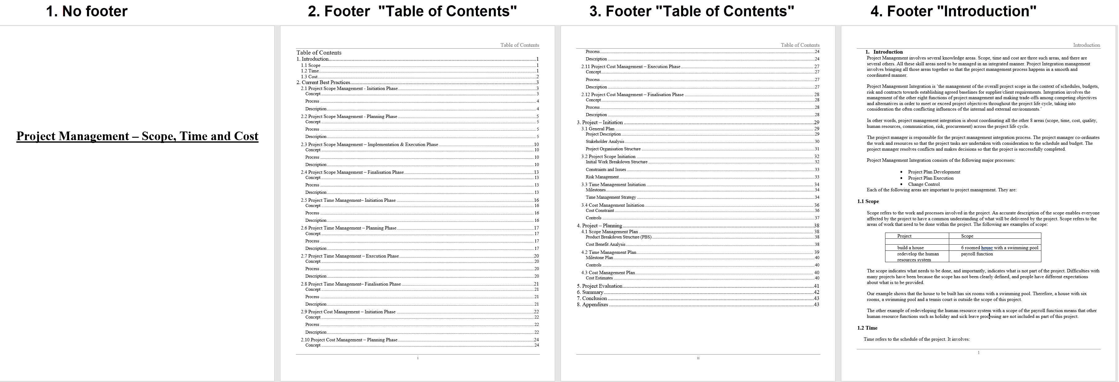Example of different footers (1) No footer in title page (2) Footer with page numbers in Roman numeral format in "Table of Contents" (3) Footer with Arabic page numbers in Introduction