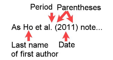 Example "Ho et al. (2011) note" showing a narrative APA in-text citation for 21 or more authors