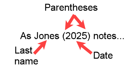 Example "As Jones (2025) notes" showing a narrative APA in-text citation