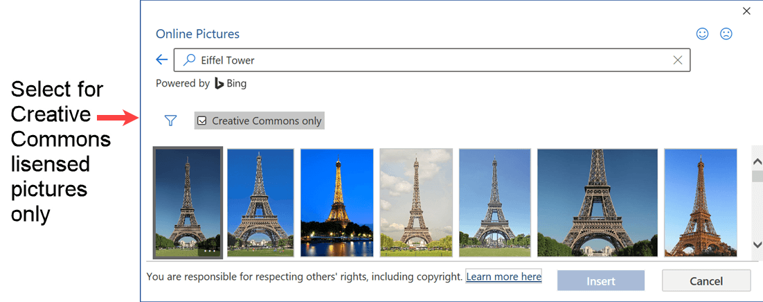 Online Pictures dialog box when Insert Online Pictures selected in Word