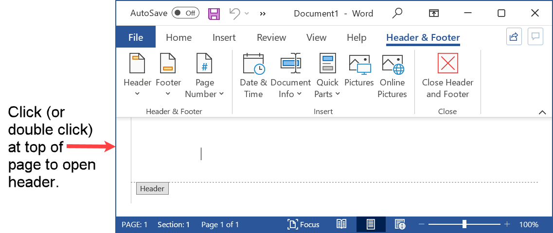 Select the header in Word for the running head placement