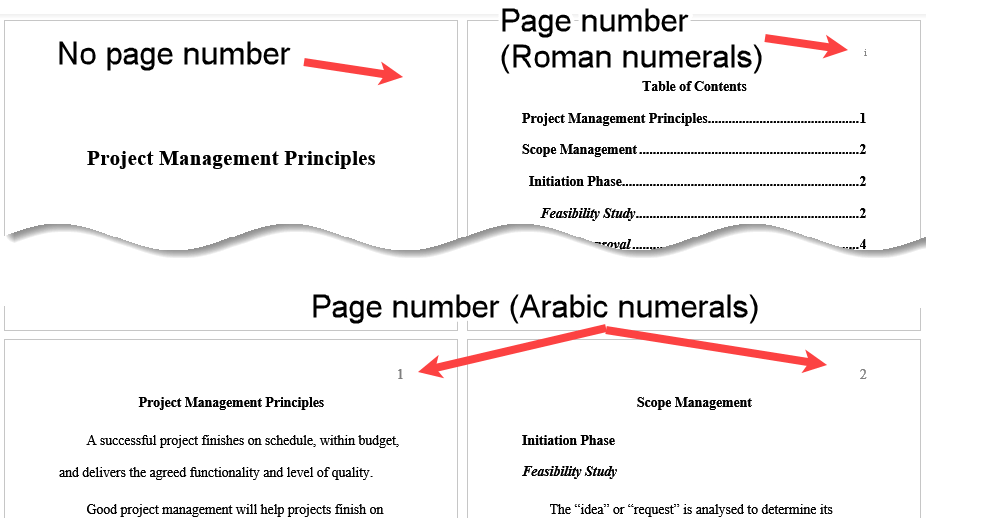Roman numerals for Table of Contents and Arabic numerals for main text
