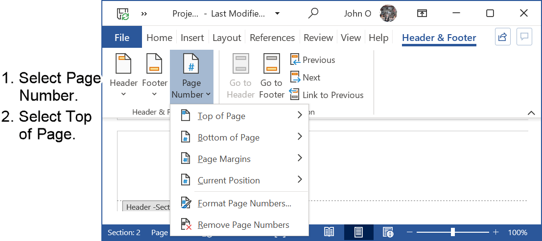 Select position of page number, for example, top of page