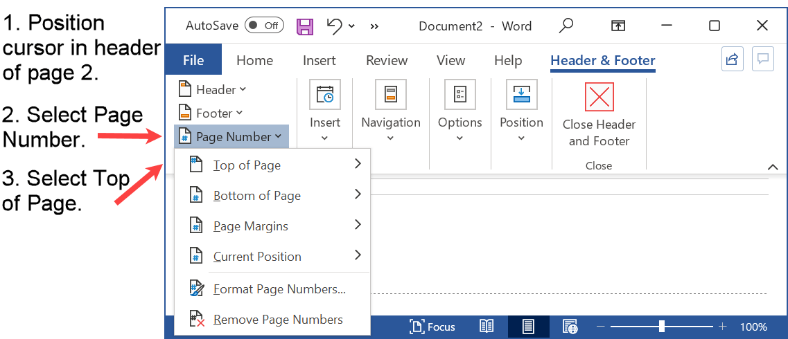 Place page number in the Page 2 header