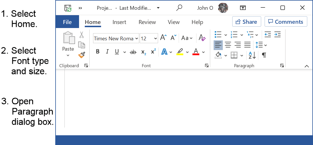 Set the font type and size for APA paragraph formatting
