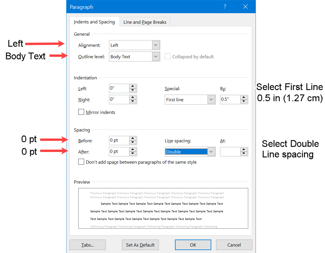 Set up alignment, indent and spacing for paragraph in APA format