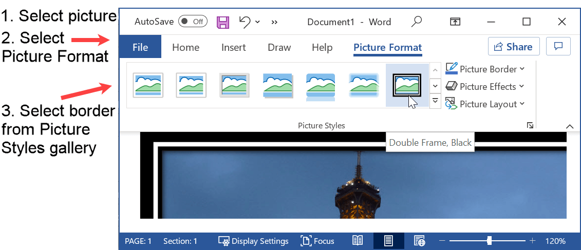 How to change the border of a picture in Word using the Picture Styles gallery