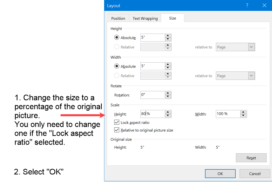 More options to resize a picture in Word