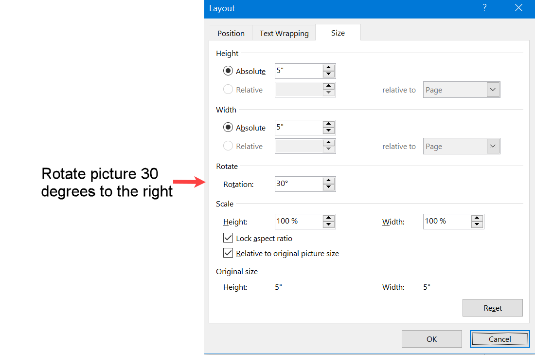 Setting to rotate picture 30 degrees