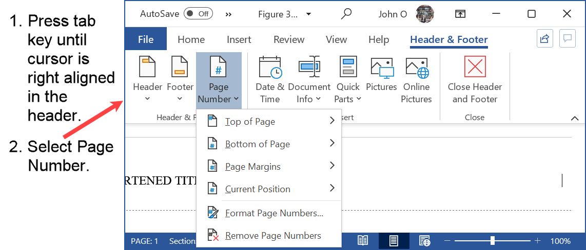 Page number position in the running head in APA format, in the Word header