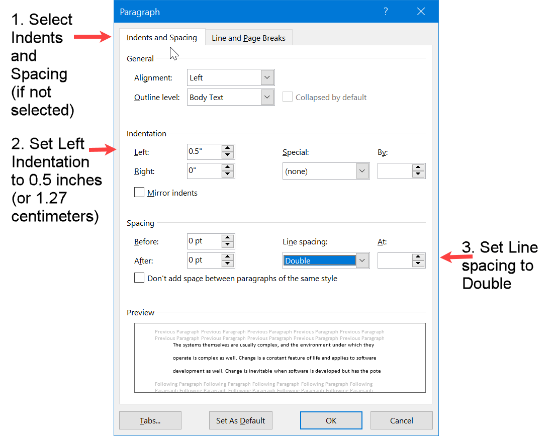 Set indent and line spacing for block quotation in APA format