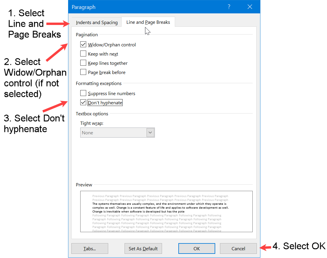 Set Widow/Orphan control and Don't hyphenate for quotation in APA format