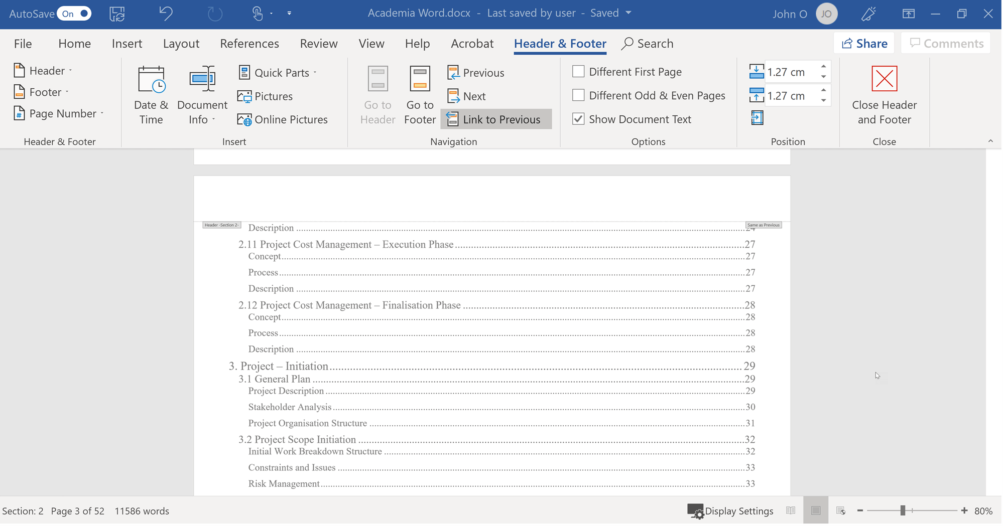 Remove linkage between headers in different sections by deselecting Link to Previous