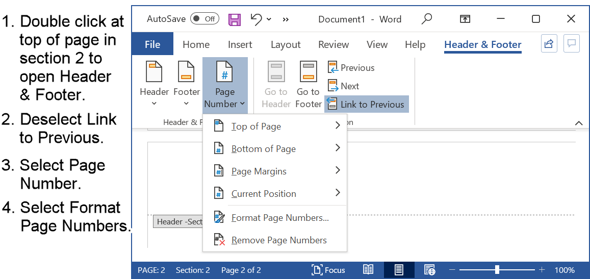 Break the link between the table of contents header and the previous pages header