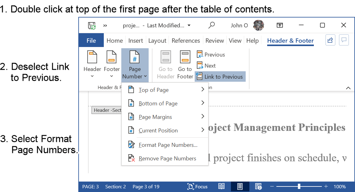 Break the link between the table of contents header and the following page header