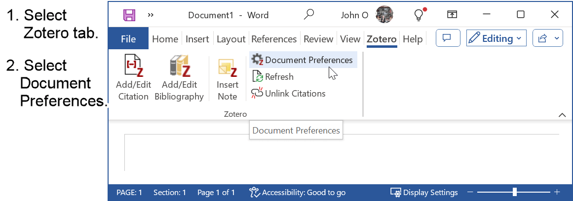 Select Zotero tab