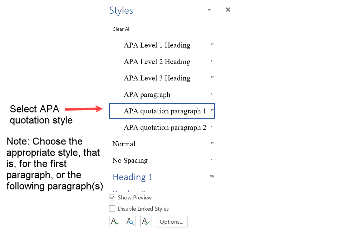 Select APA quotation style from the styles pane