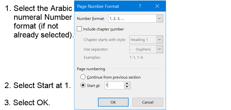 Select Arabic numerals for the page numbers of the remainder of the document