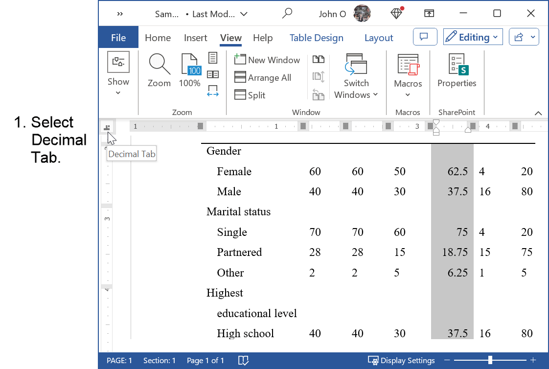 Select decimal tab.