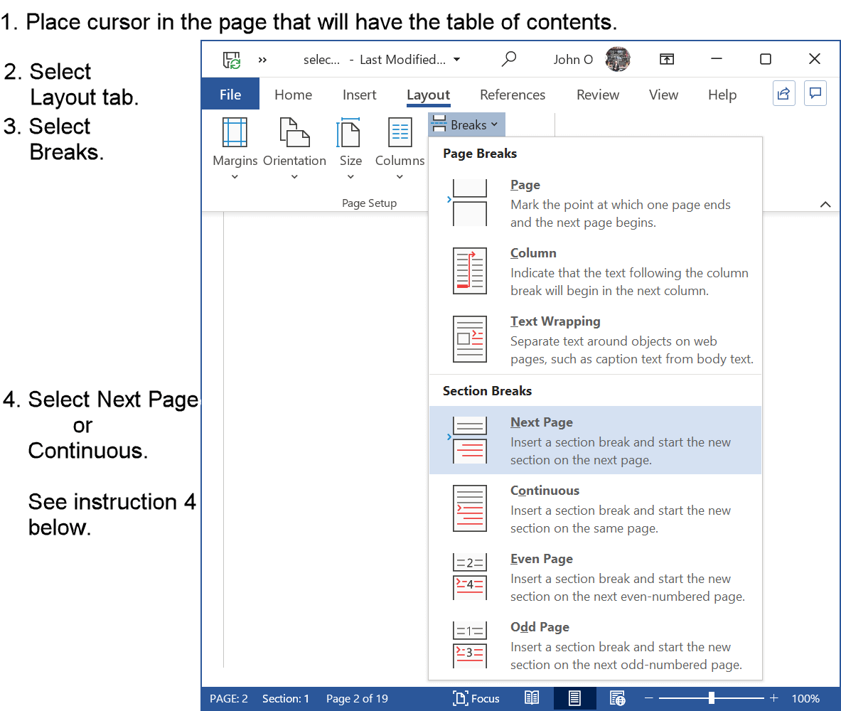 A section break is placed at the end of the page that will contain the table of contents