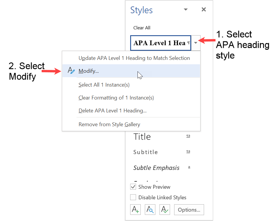 Select Modify to update APA heading style with APA paragraph format