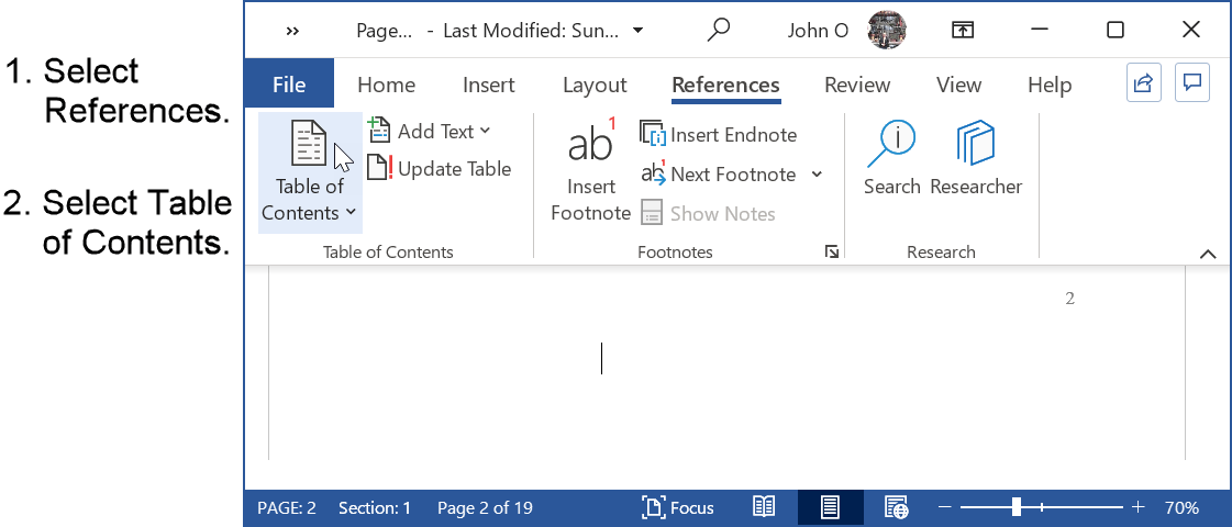 Select References, then Table of Contents in Microsoft Word document