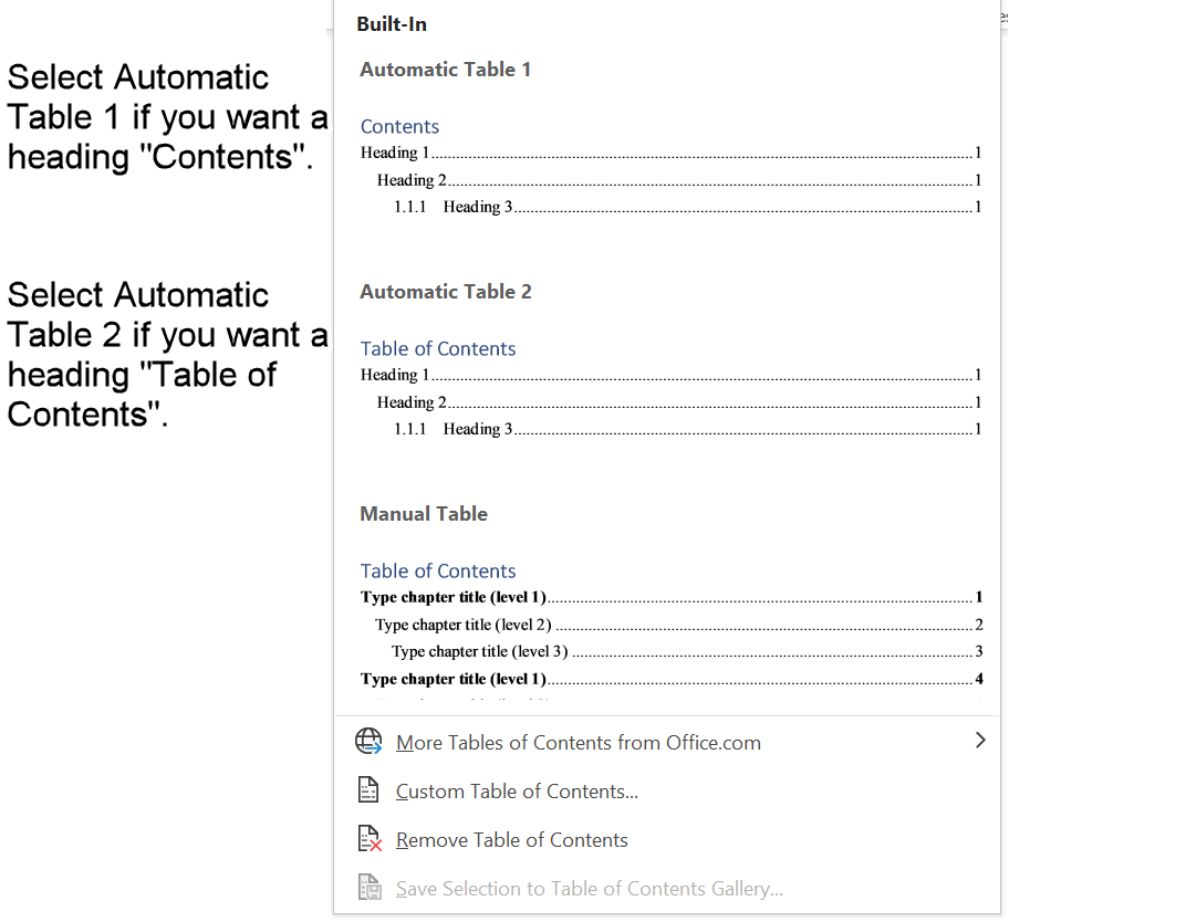 Select Table of Contents with appropriate heading