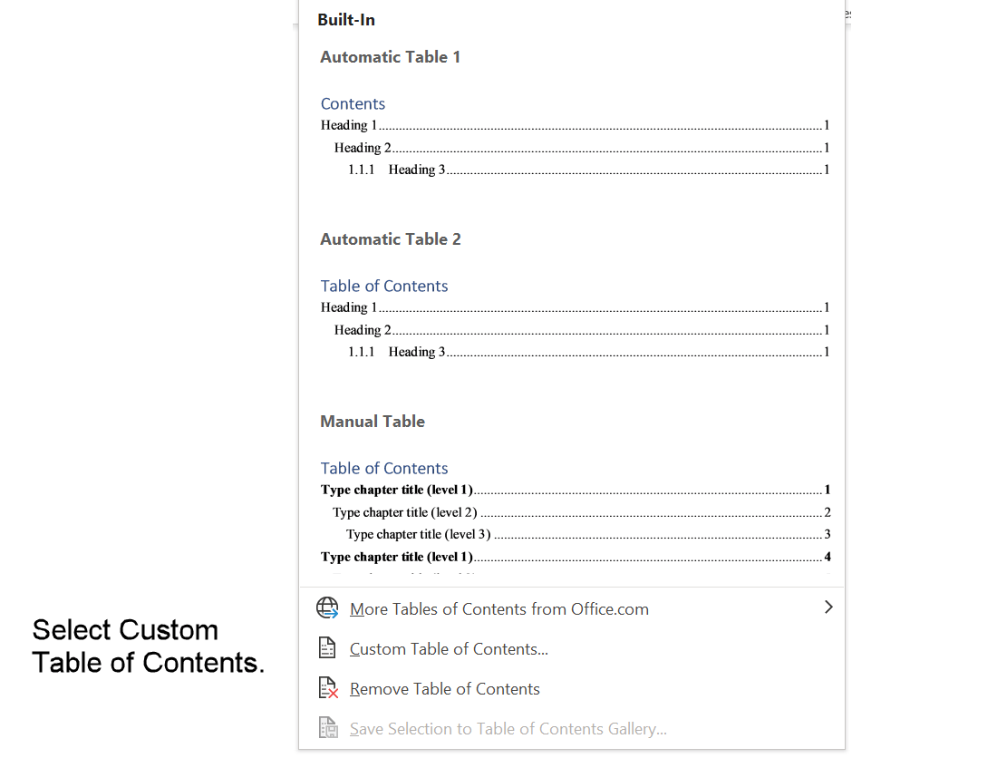 Select Custom Table of Contents in Table of Contents dialog box