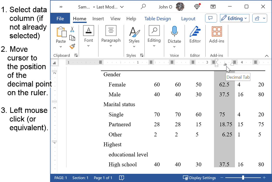 Align decimal points of a series of numbers.