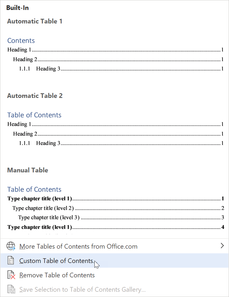 Dialog box that enables you to select an option to customize the table of contents.
