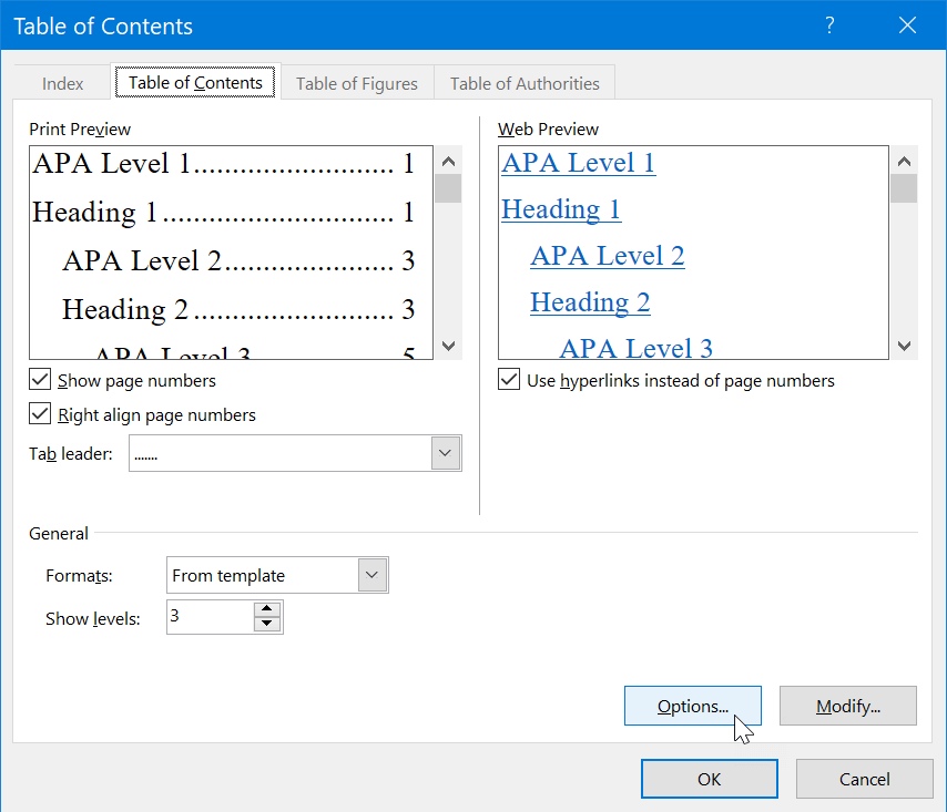 Select the Options button in the modify table of contents screen.