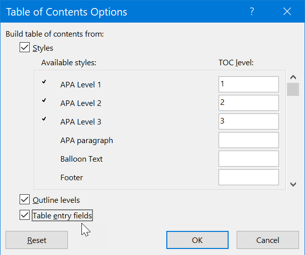 Table entry fields select as a table of contents option