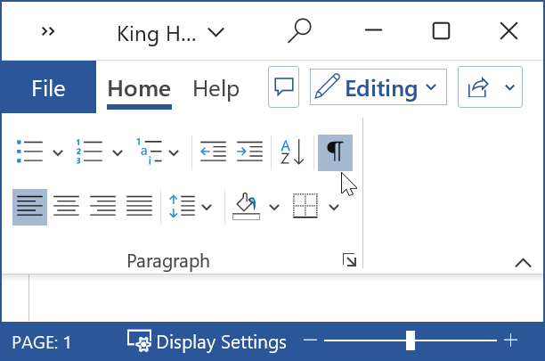 Show hide button in the paragraph group of the Home tab