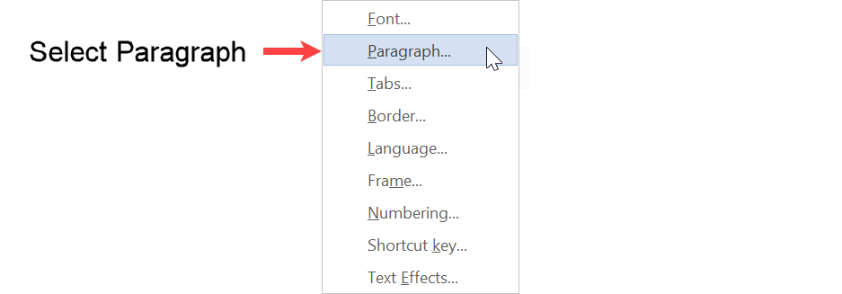 Select paragraph from APA paragraph format style menu