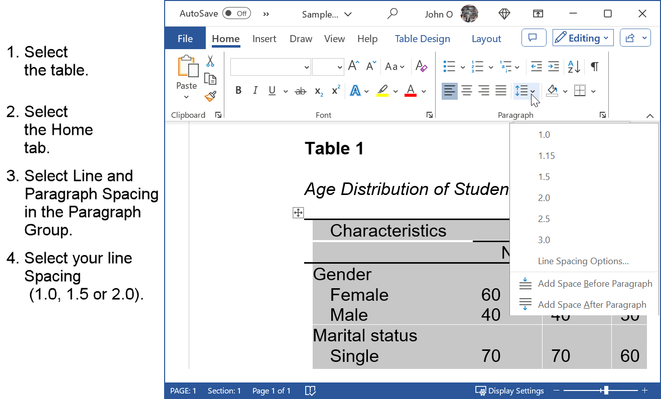 This screenshot shows the process of adjusting line spacing in an APA-formatted table using Microsoft Word, ensuring proper presentation and adherence to document formatting standards.