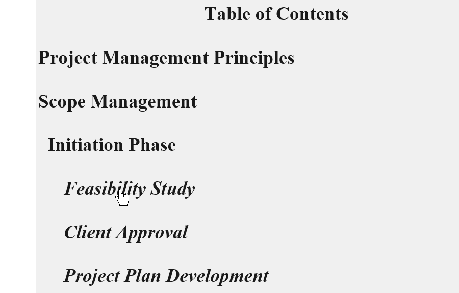 Example of a table of contents with hyperlinks only