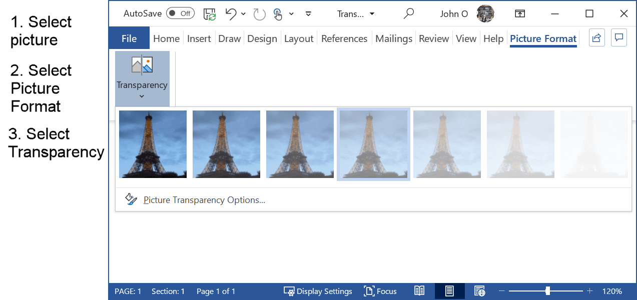 Steps from the Word menu to change the transparency of a picture