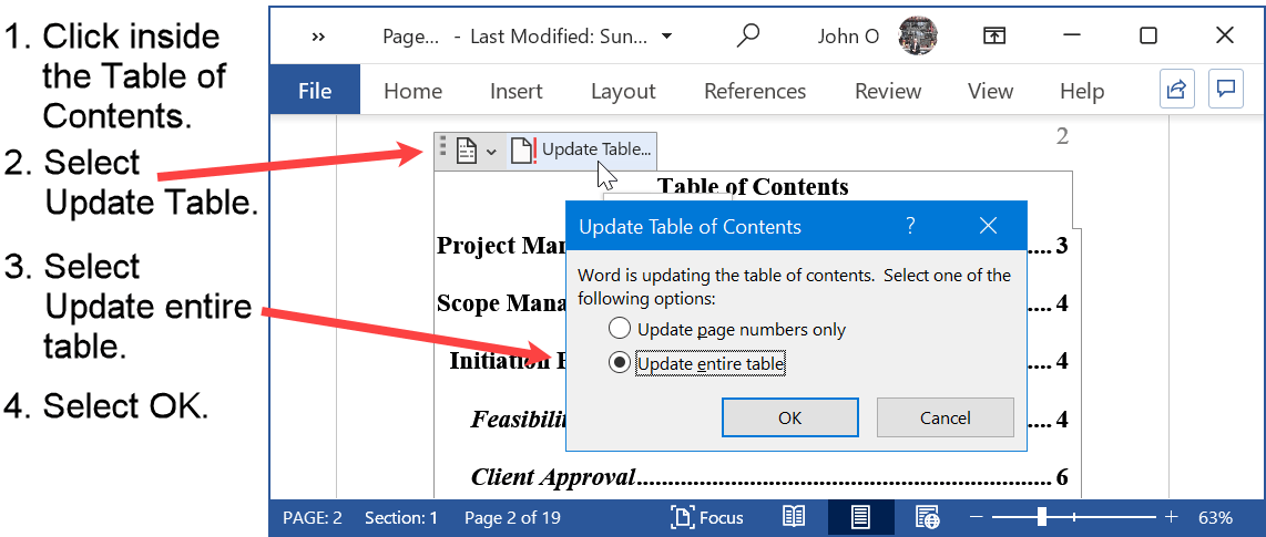 How to update the table of contents in Microsoft Word