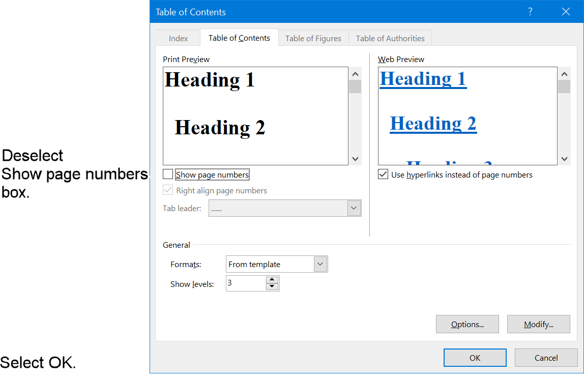 Deselect Show page numbers to use hyperlinks only