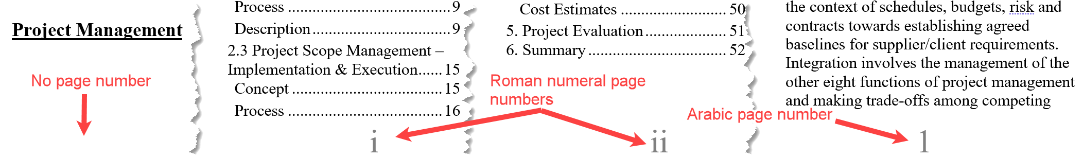No page number on the title page, Roman numerals for the Table of Contents page numbers and Arabic numerals for the main document.