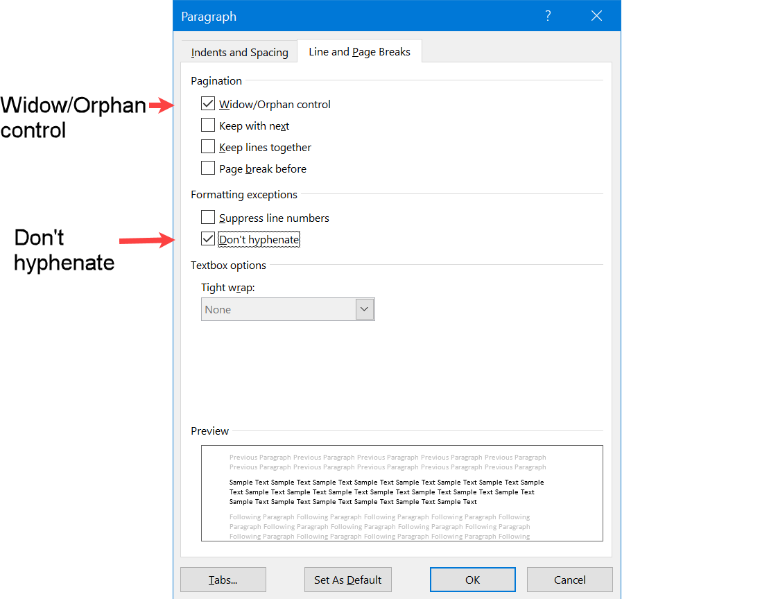 Set Widow/Orphan control and Don't hyphenate for paragraph style